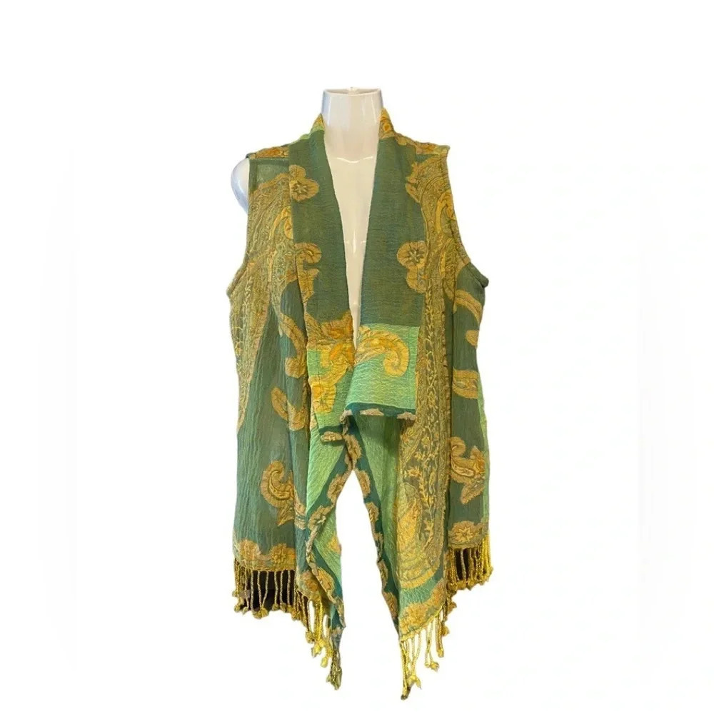 Soft Surroundings Womens Vest Topper Sleeveless Cardigan Wool Green Gold